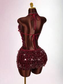 Amplova 2026 New Sequin Sheer Halter Neck Tank Top And Mini Skirt Set For Women - Burgundy - View 2