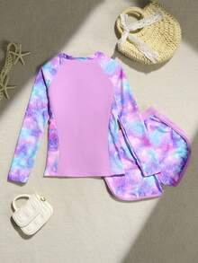 SHEIN 漸層紮染印花兩件式泳衣，長袖拉鍊設計，拼接比基尼套裝，夏季度假長袖連身泳衣，適合夏季穿著，數位印花，適用於海灘、派對、度假游泳，青少年女孩夏季穿搭 - 紫色 - 查看 2