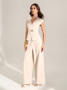 SHEIN Tall 女士优雅简约休闲通勤日常金属扣泡泡袖露脐上衣和高腰阔腿裤两件套，杏色，教师装 - 杏色 - 查看 10