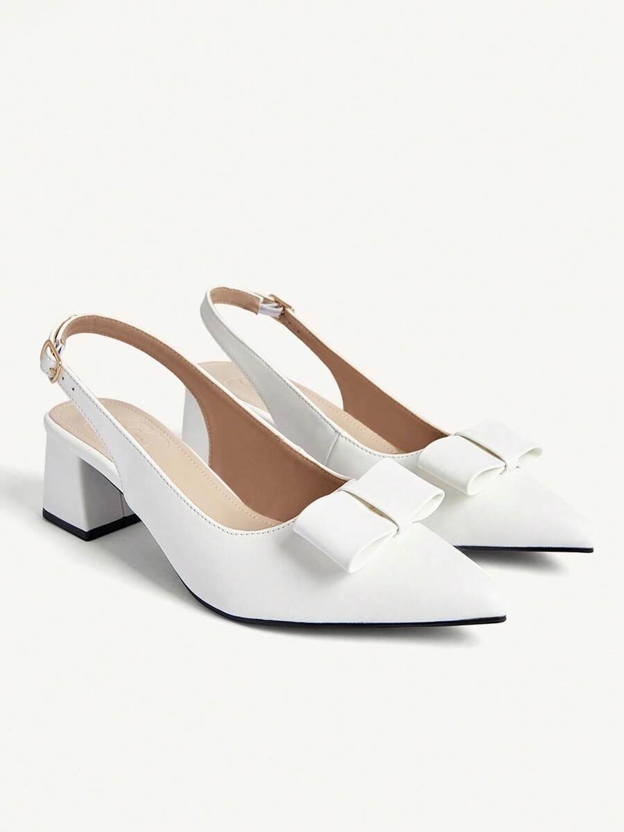 CUCCOO CHICEST Women's Fashion Bowknot Pointed Toe Thick Heel Sandals, Romantic Elegant White PU Leather Open Toe Backless High Heel Shoes, Suitable For Wedding, Party, Date, All Seasons - White - View 1