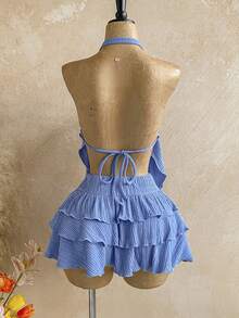 Soleia New Knit Textured Halter Neck Asymmetric Hem Top + Low Waist Layered Ruffle Hem Skirt 2 Pieces Set, Suitable For Holiday, Date, Valentine's Day, Afternoon Tea - Baby Blue - View 2