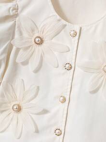 Tween Girls' Sweet Floral Applique Puff Sleeve Jacket And Pleated Mini Skirt Set, Casual Vacation & Daily Wear - Apricot - View 7