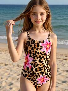 Leopard Print, Hibiscus, Hibiscus, Beach Vacation, #Coconutgirl, Tween Girls Casual Minimalist Camisole One-Piece Swimsuit, Suitable For Summer - Multicolor - View 2