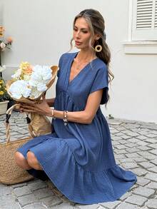 SHEIN LUNE 女士休闲V领娃娃裙 - 藍色 - 查看 4