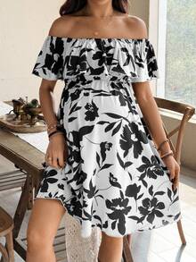 SHEIN Đầm bầu họa tiết hoa, kiểu dáng thường ngày, trễ vai, xếp ly, thích hợp cho kỳ nghỉ hè. - Đen và trắng - Xem 4