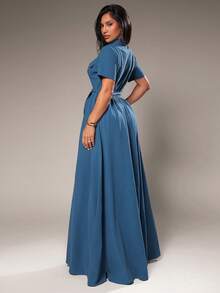 Radiana Casual Blue Woven Fabric Maxi Shirt Dress With Collar And Short Sleeves Flared Hem And Pockets - Blue - View 2