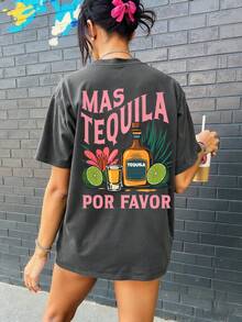 DrmWander Tequila Cocktail Margarita Becher, Zitronen Blume Blatt Buchstaben Muster Rundhals Passform Lässig Damen T-Shirt, Frühling und Sommer Damen Sport Sweatshirt, Täglich Lässig Navy Blau Oberteil für Damen, Mexikanischer Stil, Whiskey und Frucht Muster T-Shirt - Dunkelgrau - Übersicht 2