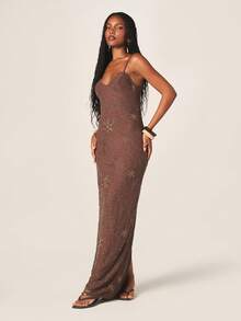 MISSGUIDED Women's Embellished Maxi Dress With Star Rhinestone Beading Pattern Spaghetti Strap Evening Gown Bodycon Formal Party Dress - Coffee Brown - View 1