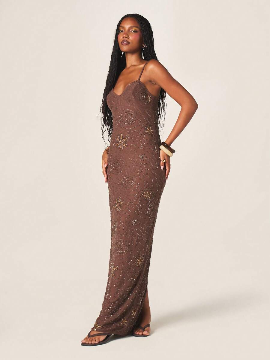MISSGUIDED Women's Embellished Maxi Dress With Star Rhinestone Beading Pattern Spaghetti Strap Evening Gown Bodycon Formal Party Dress - Coffee Brown - View 1