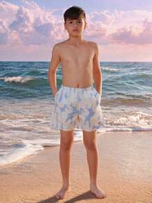 SUMWON Boys Swim Shorts All Over Print Abstract Pattern Elastic Waistband Beach Pool Summer Vacation Casual Trunks Lightweight Quick Access Side Pockets Mid Thigh Length - Apricot - View 4