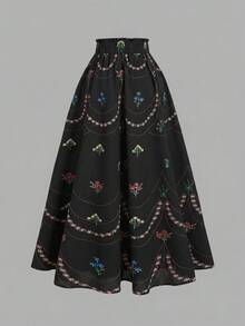 SHEIN MOD 度假风印花半身裙，夏季女装，音乐会、浪漫、优雅、派对、春季、节日、复古、婚礼宾客、下午茶会、端庄、印花半身裙 - 黑色 - 查看 2