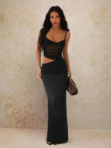 SHEIN PETITE Schwarzes einfarbiges transparentes gerafftes Kleid mit Cut-outs und Spaghettiträgern, sexy Urlaubskleid, transparentes Kleid, Sommerkleid, für zierliche Frauen - Schwarz - Übersicht 1