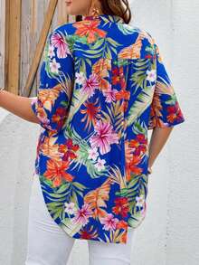 EMERY ROSE Plus Size Women Summer Casual Printed 3/4 Sleeve Shirt Women Blouses Summer Beach Shirts For Women Hawaiian Shirt Women Tropical Tops, Going Out Tops Plus Size Summer Shirt - Blue - View 2