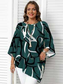EMERY ROSE Blusa suelta, elegante y de talla grande con estampado de bloques de color - Verde Oscuro - Ver 1