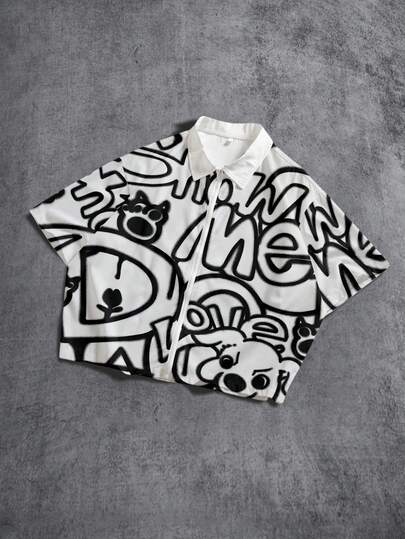 Manfinity Roghcode Boxy Street-Style Loose Black Graffiti "SHOW ME" Funny Dog All-Over Print Short Zip-Up Shirt, Oversized Fit, Essential For Dates And Gatherings, Great Gift For Boyfriend