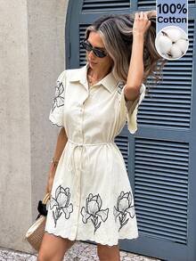 Serisse 女士休闲度假花卉刺绣纽扣迷你连衣裙 - 杏色 - 查看 6