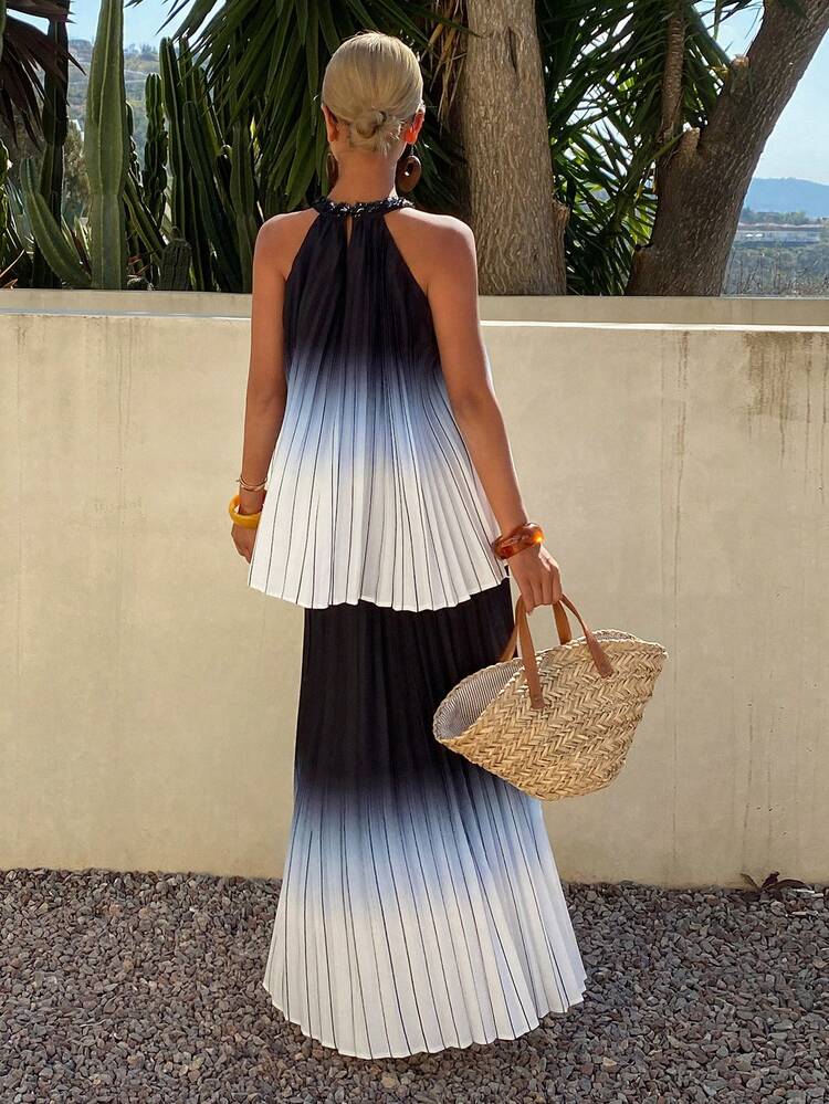 Ombre Crew Neck Sleeveless Pleated Striped Tank Top & Midi Pleated Skirt Elegant Vacation Set For Women, Spring/Summer