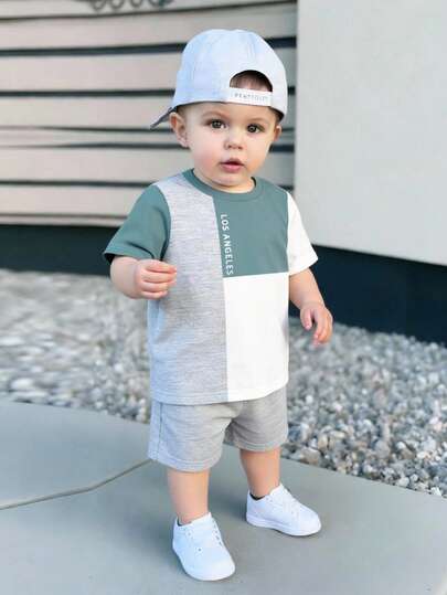 SHEIN Baby Boy Casual Minimalist, Classic Color Block, Collegiate Style, Vacation Style, Sporty, Basic Versatile, Loose Comfortable Short Sleeve Crew Neck T-Shirt Set, Suitable For Spring & Summer