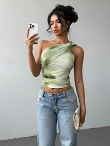 Aloruh 女士新款优雅性感扎染印花网纱修身褶皱系带露脐上衣，Y2K风格露肩无袖衬衫 - 綠色 - 查看 1