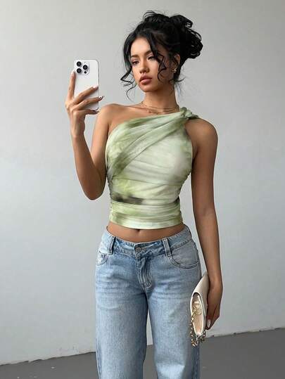 Aloruh Damen neue elegante sexy Batik-Muster Mesh anliegende gerafftes Bindeband Crop Top, Y2K Stil Off-Shoulder ärmelloser Bluse