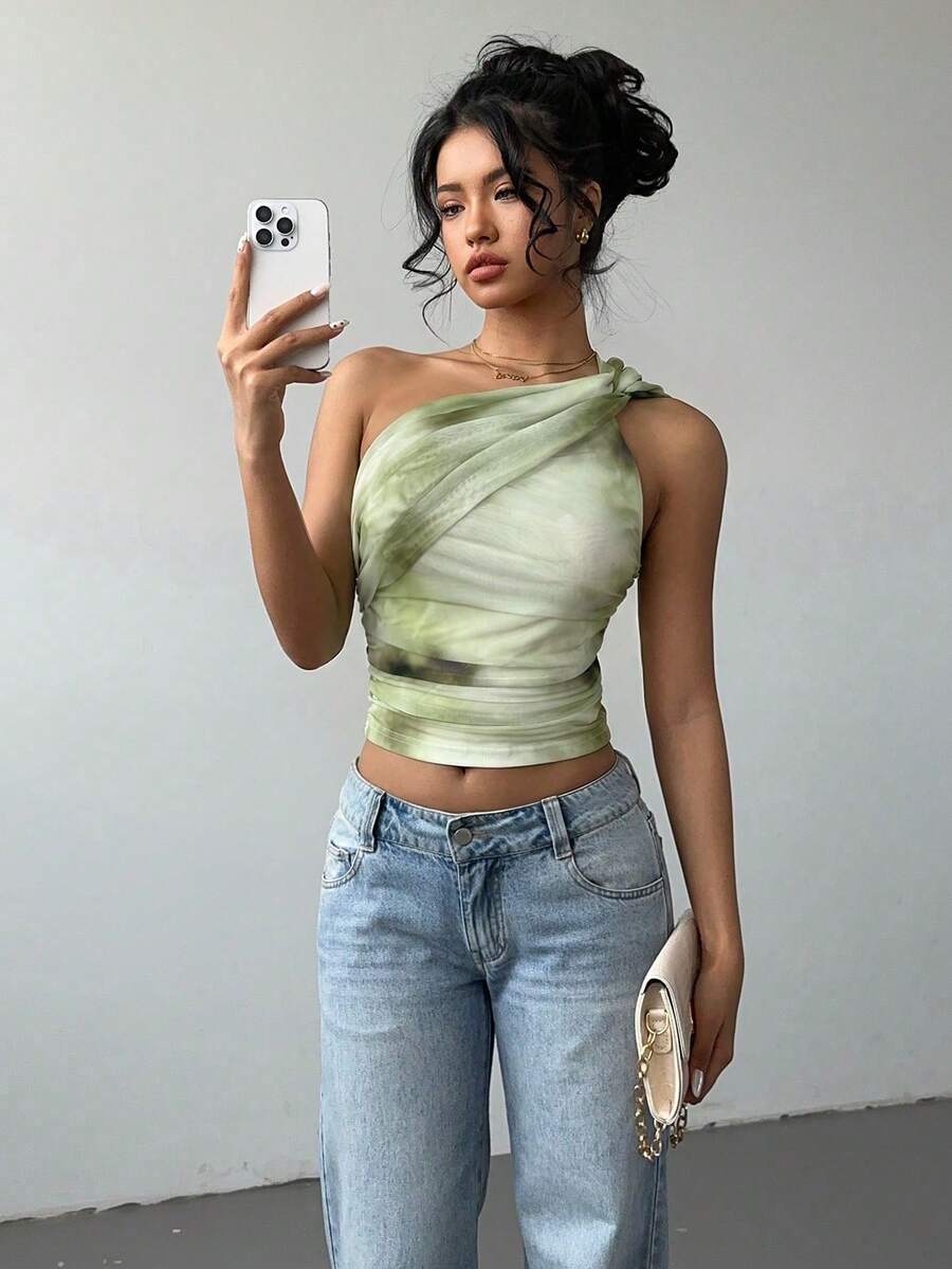 Aloruh 女士新款优雅性感扎染印花网纱修身褶皱系带露脐上衣，Y2K风格露肩无袖衬衫 - 綠色 - 查看 1