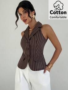 Firerie Women's Elegant Minimalist Commuter Urban Chic Casual Daily Fashion New Retro Lapel Brown Striped Waist Sleeveless Blazer Vest - Brown - View 3