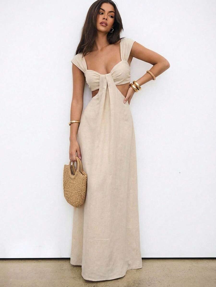 Aloruh 女士优雅波西米亚风长裙，杏色，宽领，A字裙摆设计 - 卡其色 - 查看 1