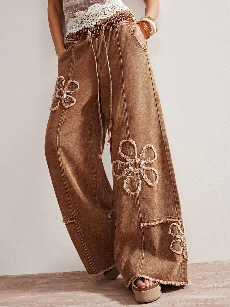 Bohemela Quần jean nữ dáng rộng, màu nâu trơn, chất liệu denim dệt kim, kiểu dáng vintage mùa xuân/hè, họa tiết hoa, thích hợp cho lễ tình nhân, phong cách miền Tây hoang dã, dự tiệc, đi biển, mặc hàng ngày, đi học, đi chơi và dự tiệc, thập niên 2000, kỳ nghỉ hè. - màu nâu - Xem 1