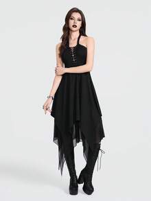 Breakform Women's Gothic Sexy Halter Deep V Metallic Grommet Knit Lace-Up Tie Waist Asymmetrical Hem Fitted Mid-Length Dress - Black - View 1