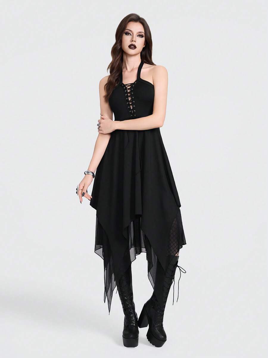 Breakform Women's Gothic Sexy Halter Deep V Metallic Grommet Knit Lace-Up Tie Waist Asymmetrical Hem Fitted Mid-Length Dress - Black - View 1