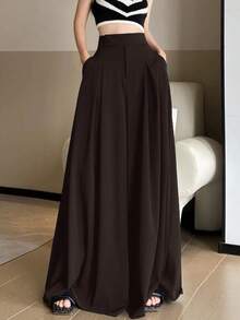 SHEIN EZwear 大码纯色褶裥休闲阔腿裤，春夏款 - 棕色 - 查看 4