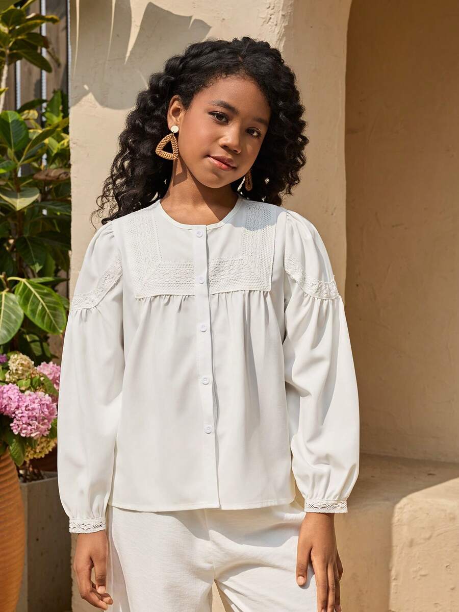 Tween Girls' White Textured Woven Round Neck Ruched Ruffle Cuff Long Sleeve Loose Casual Top, Vacation Style, French Elegant, Suitable For Spring Outing, Back To School - White - View 1