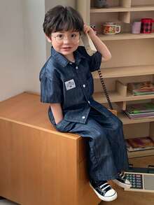 DAZY 男婴休闲时尚街头通勤字母印花短袖牛仔衬衫和牛仔裤套装，春夏秋季 - 藍色 - 查看 9