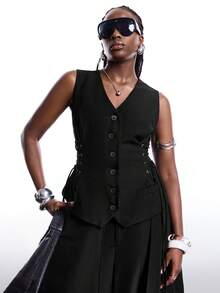 LYSMO Chaqueta de vestir casual versátil de mujer talla grande con cuello en V, abotonadura sencilla y diseño de ojales con lazo - Negro - Ver 5