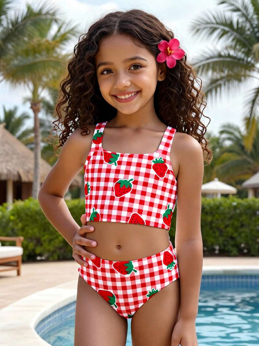 SHEIN Cute Strawberry Pattern, Retro Red & White Plaid, Beach Vacation Style, Young Girls Casual Slim-Fit Camisole & Triangle Bikini Swimsuit Set, Suitable For Summer Chill Vacation, #Coconutgirl - Red and White - View 1