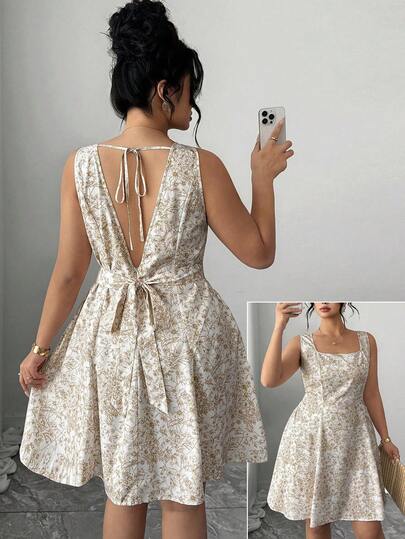 Elenzga Vestido sin espalda con estampado floral y lazo cuadrado para mujer de talla grande, adecuado para primavera/verano, vuelta al colegio, vacaciones, graduación, días festivos, San Valentín, Navidad, festivales de música, Día de la Madre, Halloween, Acción de Gracias, Pascua, Día Nacional, baile de graduación, cumpleaños, citas, temporada de bodas, viajes al aire libre