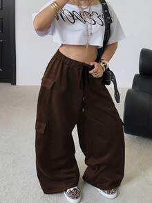 POPSWAY Plus Size Women's Solid Color Drawstring Waist Wide Leg Fleece Sweatpants - Coffee Brown - View 6