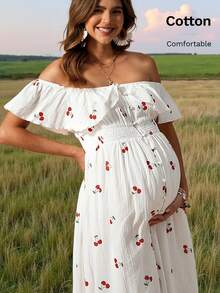 Đầm bầu mùa hè in hình quả anh đào, trễ vai, xếp ly. - trắng - Xem 2