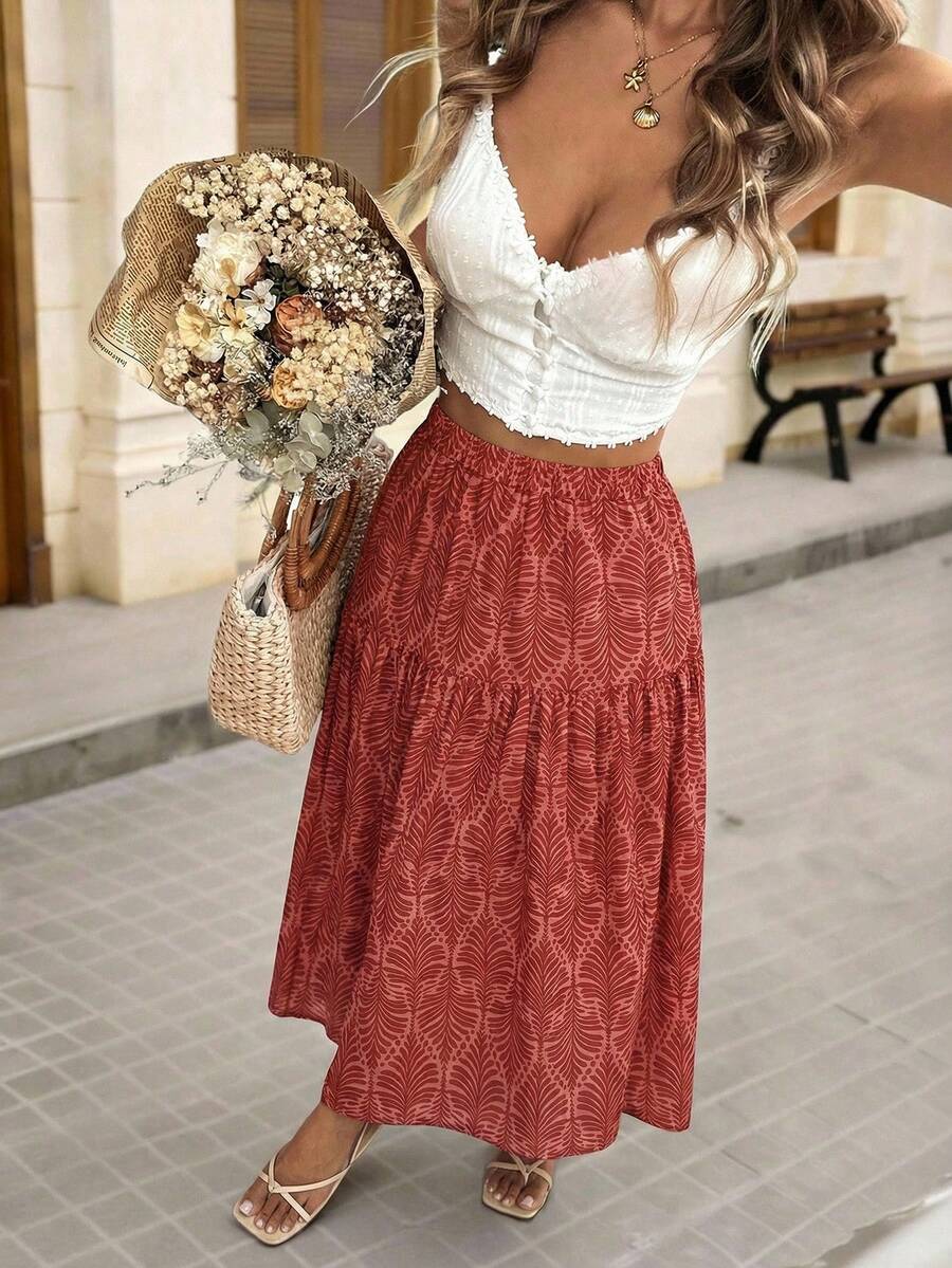 Brillora Women's Elegant Fashion Romantic Vacation Casual Elastic Waist Multi-Layer Retro Printed Skirt, Spring/Summer, Bohemian Skirt - Red - View 1