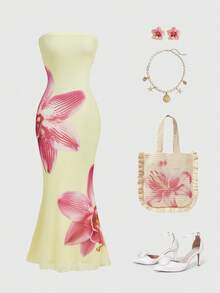 ROMWE Avant Vestido tubo ajustado con estampado floral, estilo de vacaciones - Amarillo - Ver 5