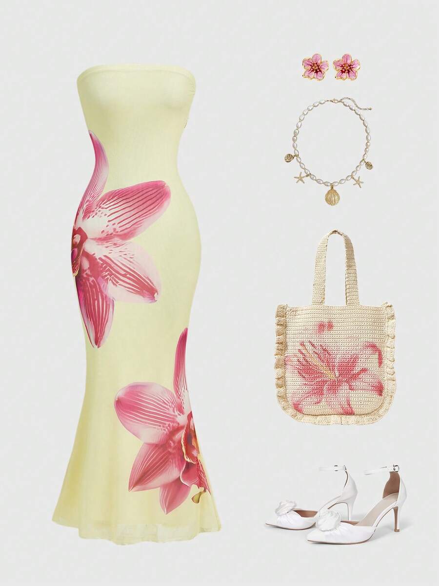 ROMWE Avant 印花修身抹胸连衣裙，度假风 - 黃色 - 查看 1