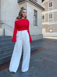 Jeta Ari Elegant & Stylish Design Pleated White Women's Suit Pants, Pockets, Straight Leg, Suitable For Tall, Fall, Winter, Summer, Spring, New Year, Party, Wedding, Elegant, Chic, Stylish, Business Casual - White - View 5