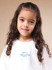 SUMWON Girls Summer Club New Hampton Print White Crew Neck Short Sleeve Sweatshirt With Polka Dot Ruffle Hem Detail - Apricot - View 4