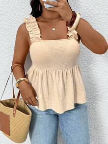 SHEIN Frenchy ملابس علوية بدون أكمام صيفية للنساء مقاس كبير باللون البيج لطيفة للنزهات، بتصميم بسيط مع نسيج محبب ولون موحد وحافة مكشكشة، كاجوال - لون مشمشي - مشاهدة 3