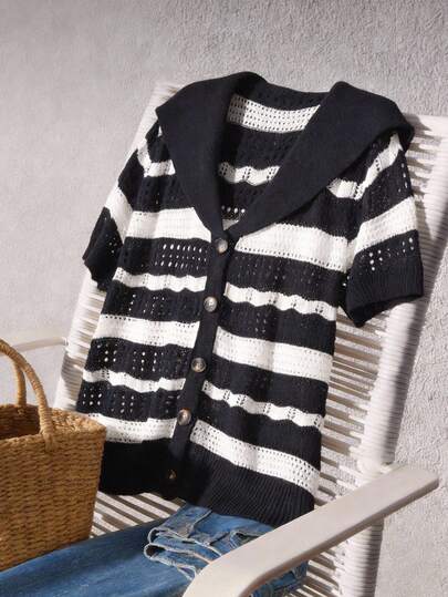 CosyJoli Plus Size Women Striped Short Sleeve Single-Breasted Hollow Thin Cardigan