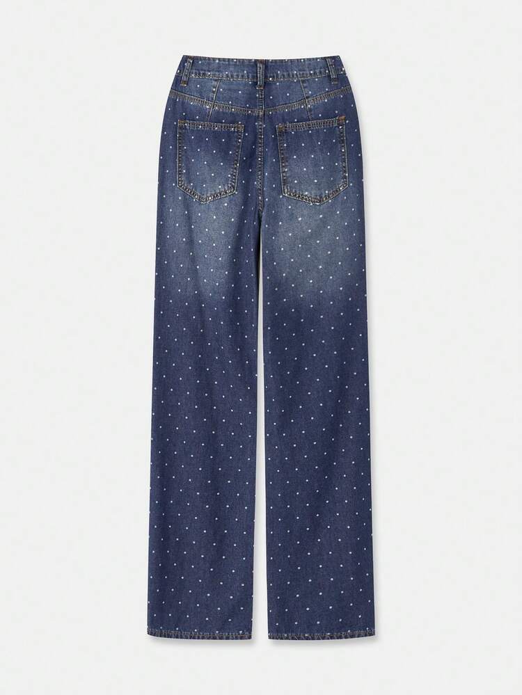 Jeans droits taille haute bleus avec imprimé à pois blancs, pour l'automne et l'hiver