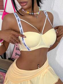 Nora Wilde 1 Peça Regata Cropped, Design Minimalista de Cruzado nas Costas, Bralette Confortável e Casual Adequado para Uso Diário - Amarelo - Visão 3