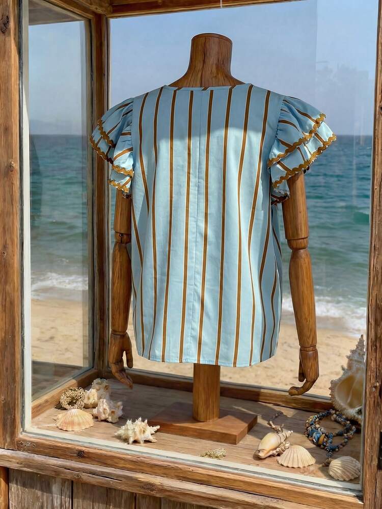 Plus Size Women Summer Casual Vacation Colorblock Striped Print V-Neck Layered Ruffle Armhole Loose Blouse Summer Tops Summer Outfits Summer Clothes  Spring  Spring Outfit Women Spring Clothes Country Style For Women Vacation Outfits Women  Floral Tops
