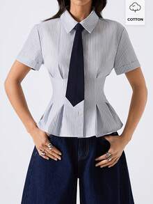 LYSMO 2026 New Arrive Minimalism Spring/Summer Women's Fashionable Striped Tie Collar Blouse,Stylish Women's Blouses/Casual Blouses For Women,Striped/Casual - Baby Blue - View 1