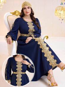 Al Najma Plus Size Elegant Patchwork Water-Soluble Lace Lantern Sleeve Dress - Navy Blue - View 4